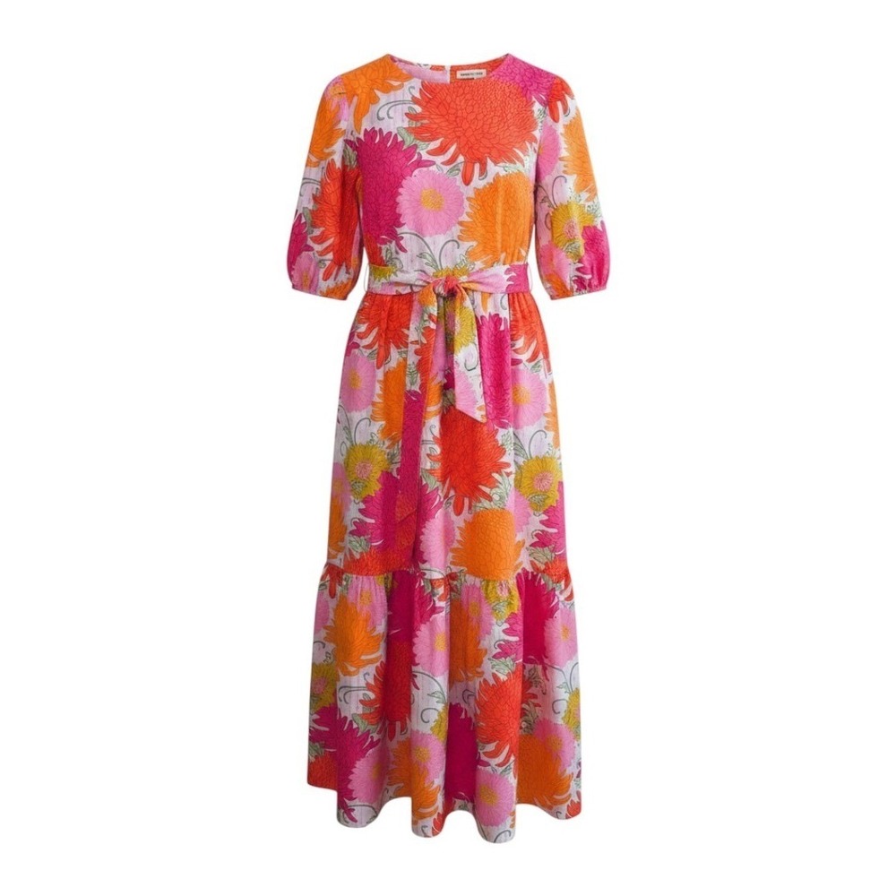 Maude Vivante Molly Floral Bunches Maxi Dress Pink Orange V-Neck Tiered NWT M